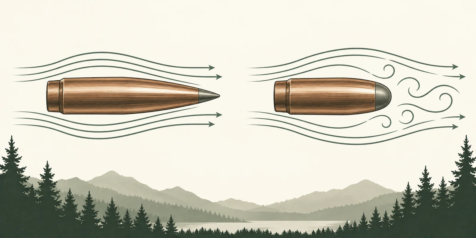 Pointed and rounded bullet profiles with conceptual airflow curves
