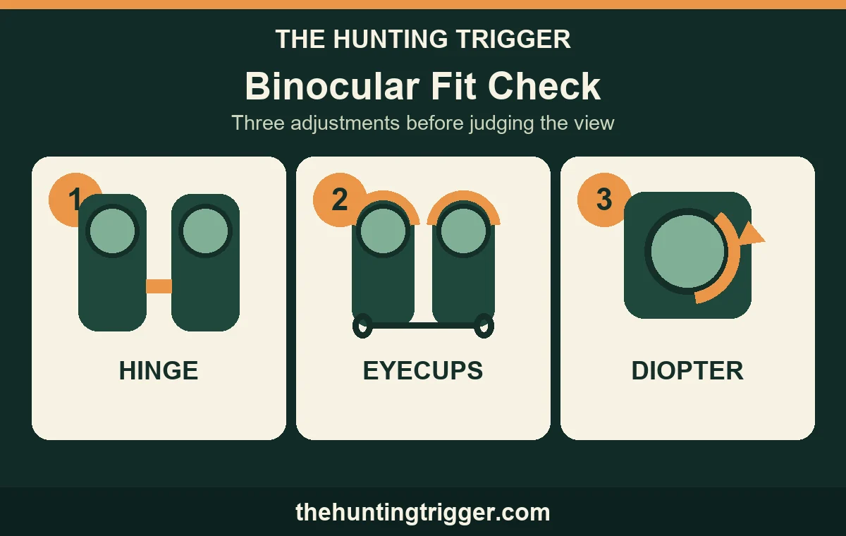 The Hunting Trigger three-part binocular fit check for hinge, eyecups, and diopter
