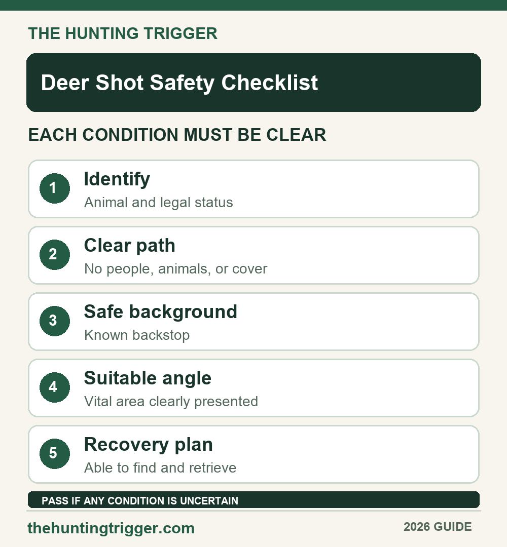 The Hunting Trigger branded deer shot safety checklist with five conditions to confirm