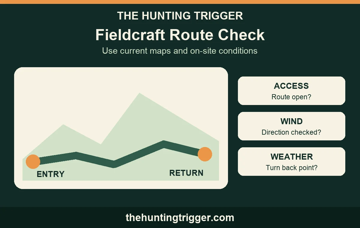 The Hunting Trigger fieldcraft route sketch with access, wind, and a turnaround point
