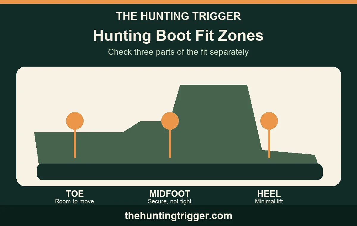 The Hunting Trigger hunting boot fit zones diagram showing toe, midfoot, and heel checks