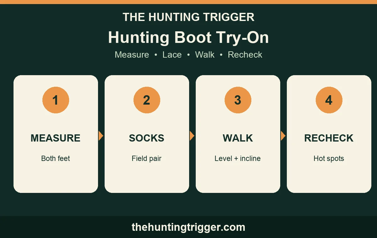 The Hunting Trigger hunting boot try-on sequence: measure, lace, walk, and test downhill