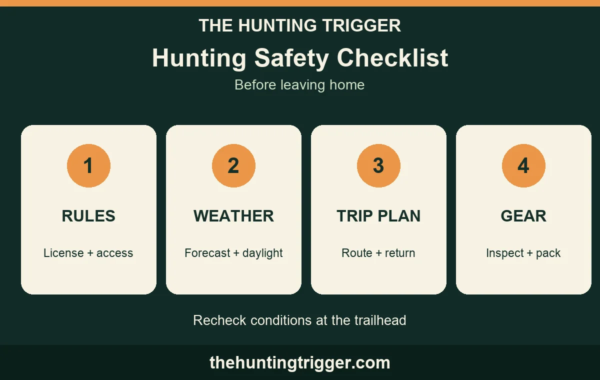 The Hunting Trigger hunting safety checklist showing rules, weather, trip plan, and gear checks