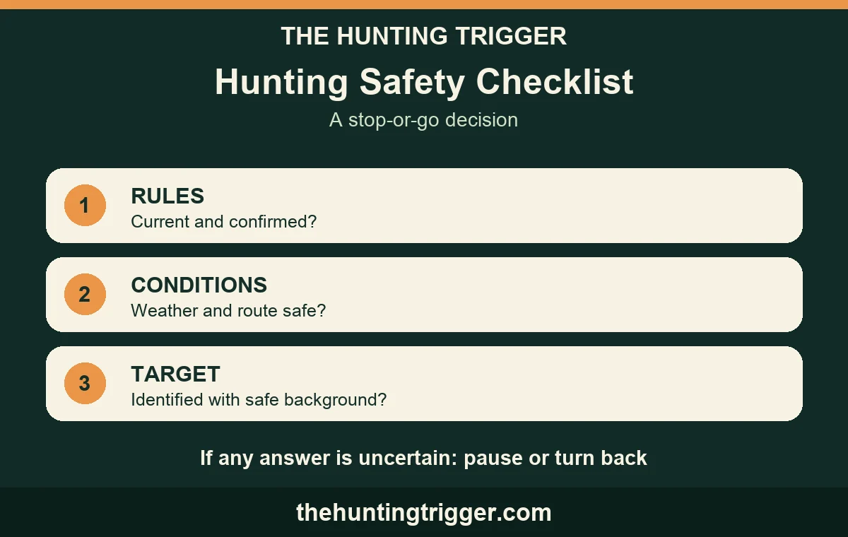 The Hunting Trigger safety decision diagram: verify rules, conditions, and target before proceeding