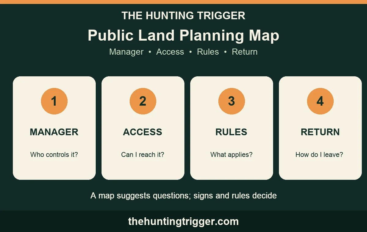 The Hunting Trigger public land hunting map workflow: identify the manager, access, unit rules, and return route