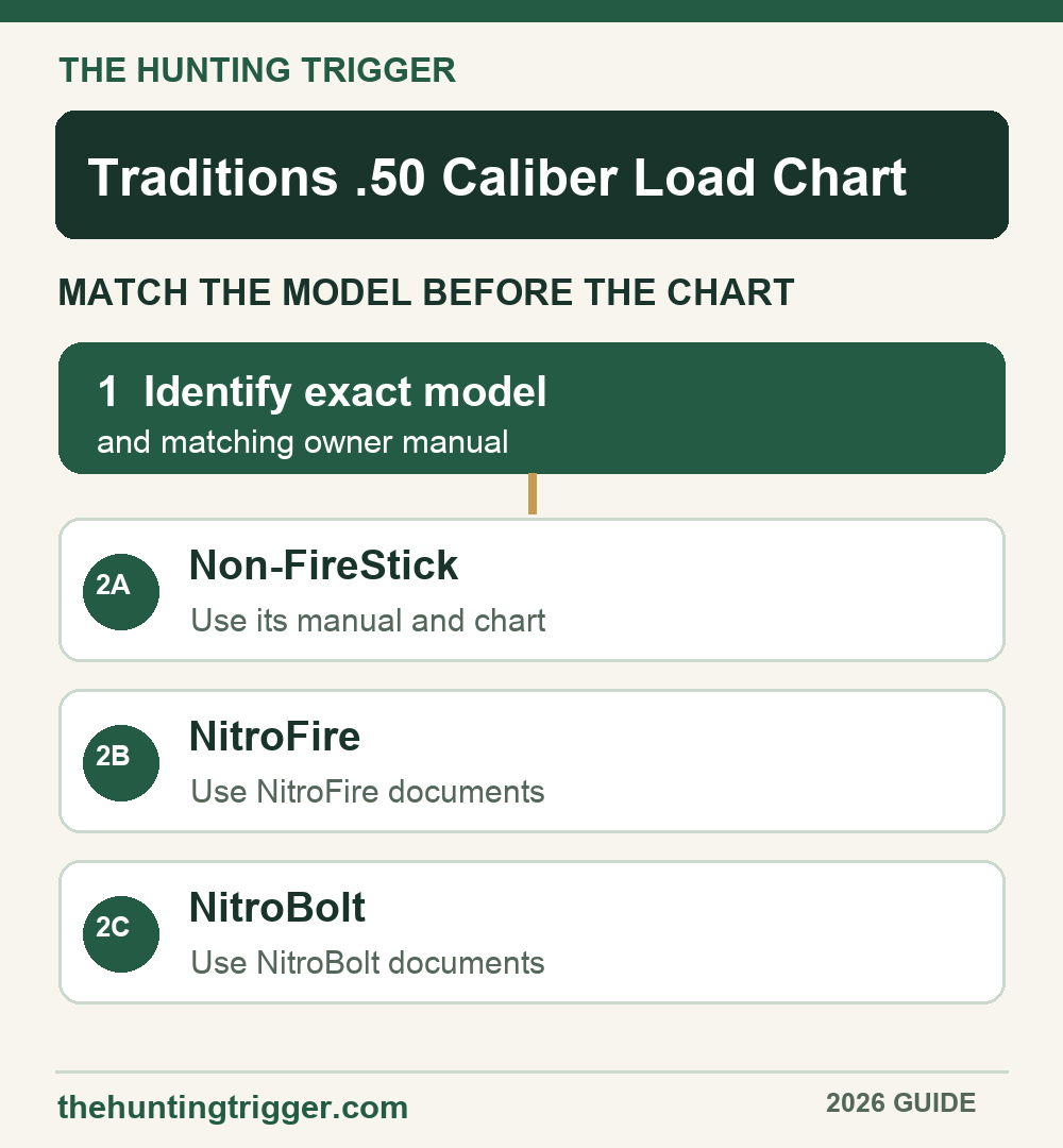 The Hunting Trigger infographic showing how to select the correct Traditions .50 caliber chart by model
