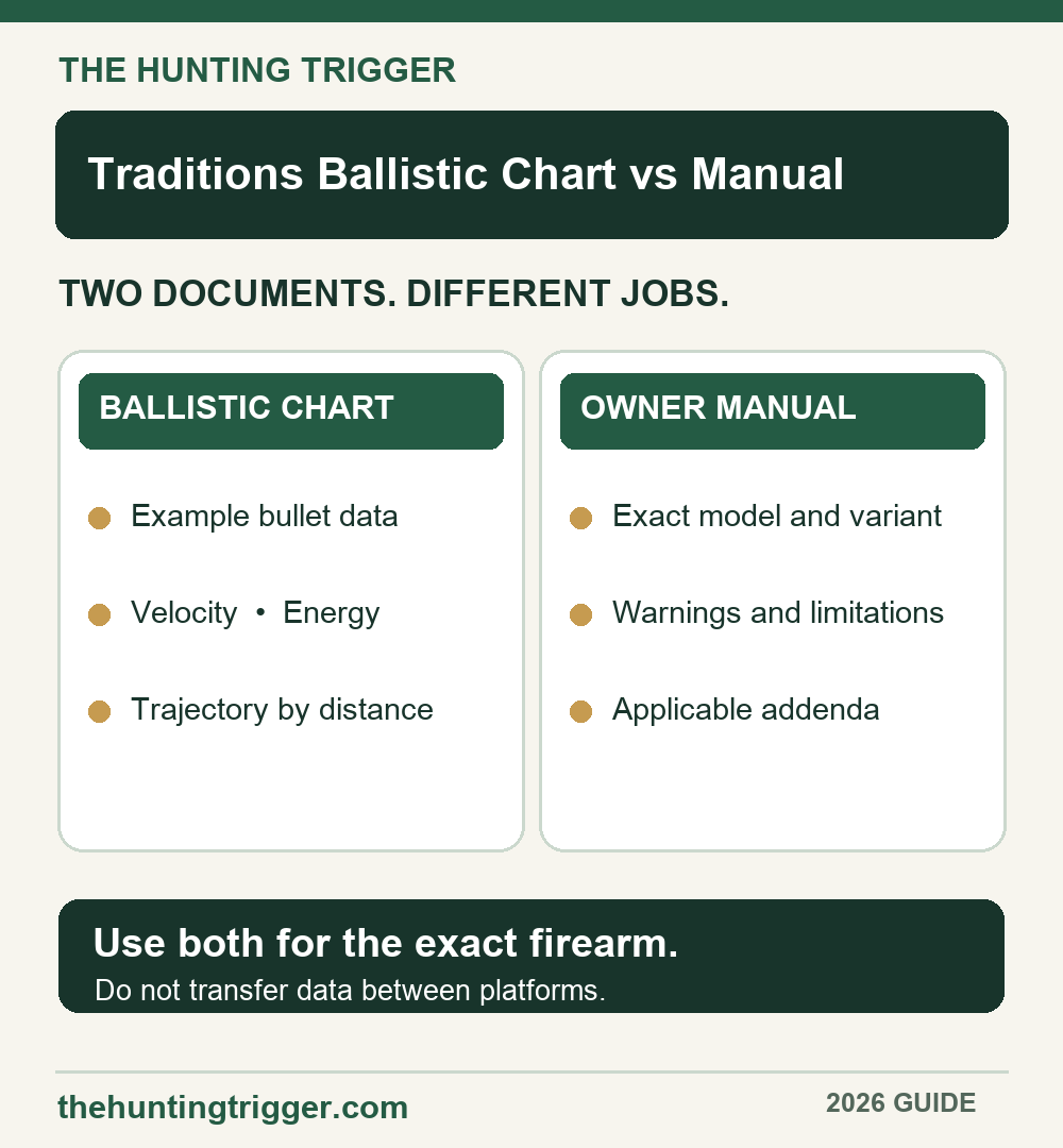 The Hunting Trigger comparison of a Traditions ballistic chart and its model-specific owner manual
