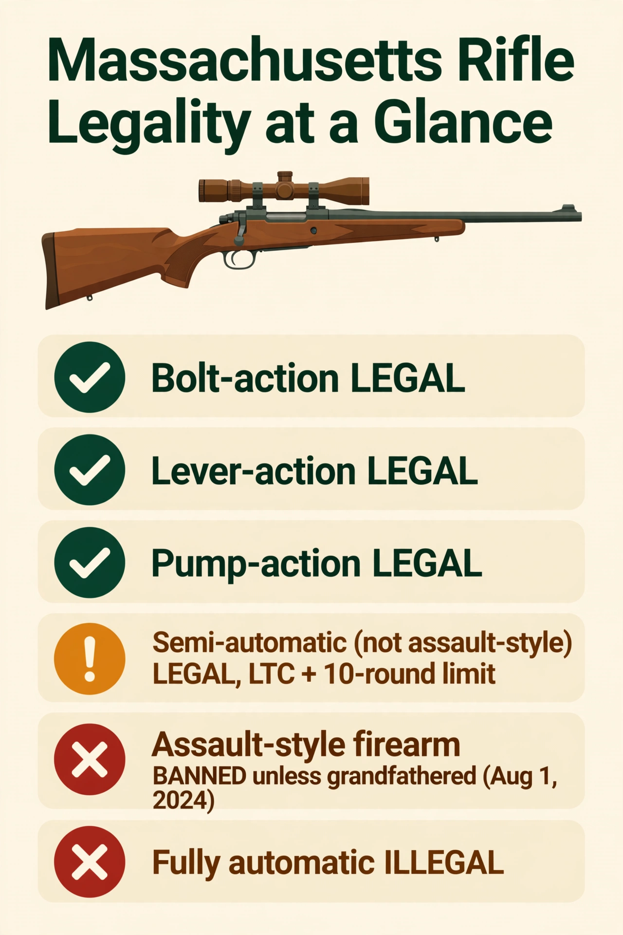 Infographic summarizing Massachusetts rifle legality: bolt-action, lever-action and pump-action rifles are legal; semi-automatic rifles are legal with an LTC and 10-round limit if they are not assault-style; assault-style firearms are banned unless grandfathered on August 1, 2024; fully automatic rifles are illegal